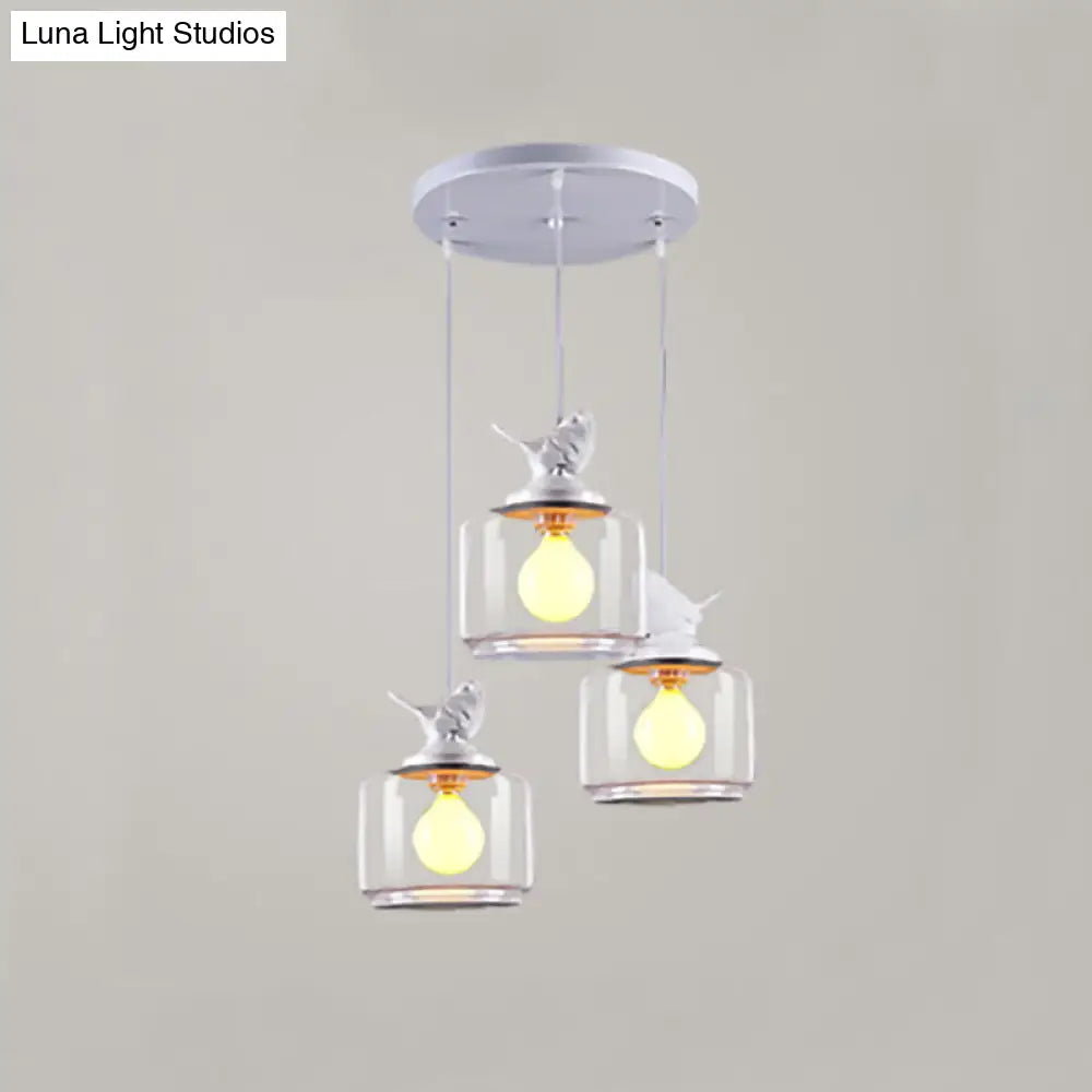 Modern Drum Hanging Lamp With Clear Glass And Bird Deco - Sleek White Ceiling Light For Living Room