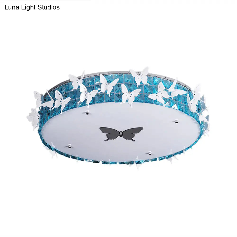 Modern Drum Led Flushmount Lighting With Clear/Amber/Lake Blue Crystal Bedroom Ceiling Fixture -