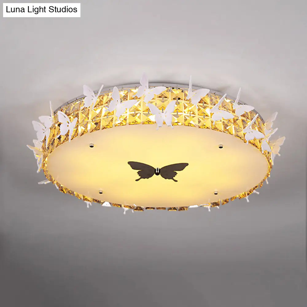 Modern Drum Led Flushmount Lighting With Clear/Amber/Lake Blue Crystal Bedroom Ceiling Fixture -