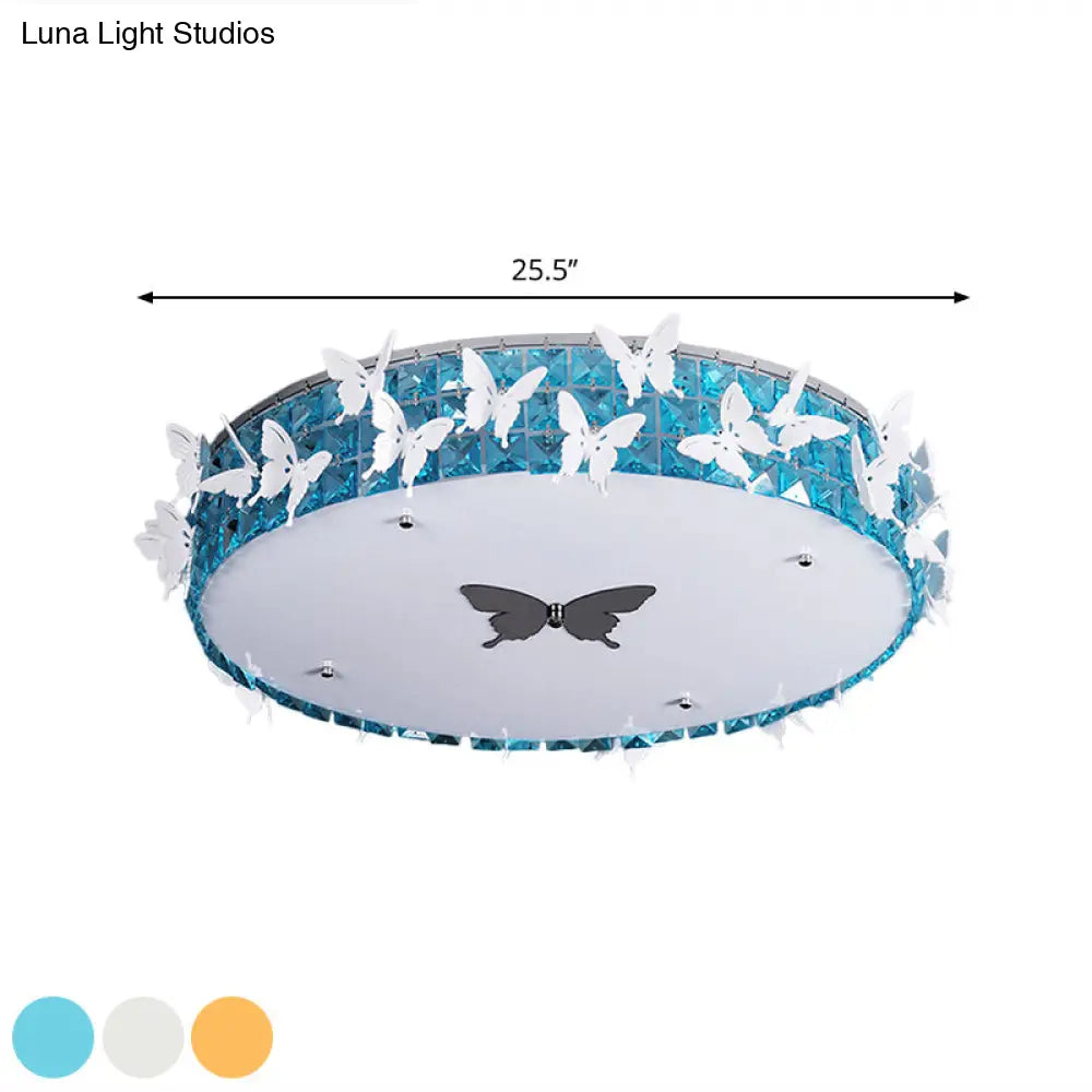 Modern Drum Led Flushmount Lighting With Clear/Amber/Lake Blue Crystal Bedroom Ceiling Fixture -