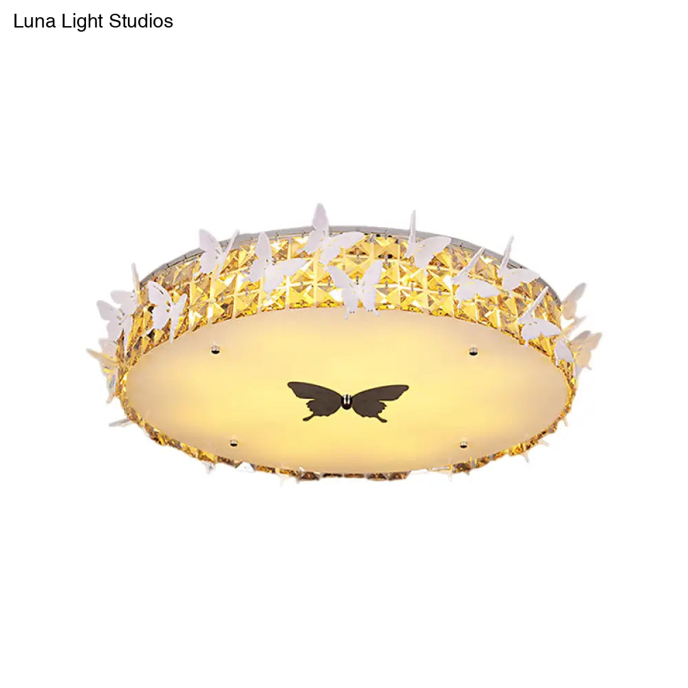 Modern Drum Led Flushmount Lighting With Clear/Amber/Lake Blue Crystal Bedroom Ceiling Fixture -