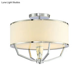 Modern Drum Semi Flush Ceiling Light With White Fabric Shade Chrome Finish 5 Lights