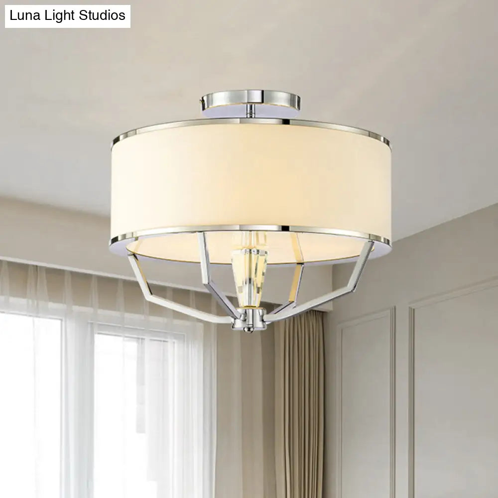 Modern Drum Semi Flush Ceiling Light With White Fabric Shade Chrome Finish 5 Lights
