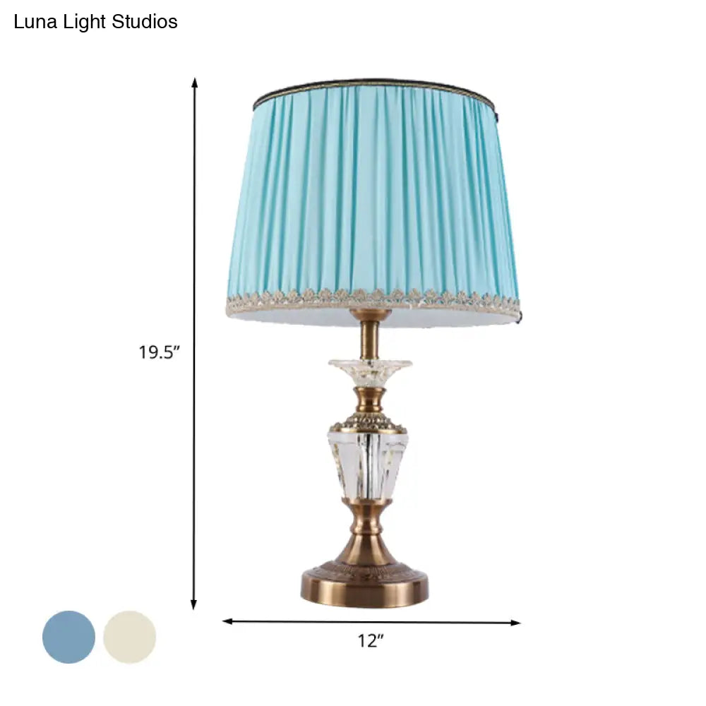 Modern Drum Shade Crystal Reading Light Nightstand Lamp In Blue/Beige