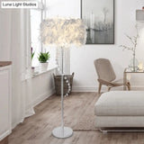 Modern Drum Standing Lamp Feather 1-Light Floor Light In Red/White With Crystal Spiral Drape -
