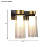 Modern Dual Cylinder Brass Sconce Light Fixture With Clear Glass - 2 Bulbs Led Wall Mount Lamp