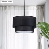Modern Dual Drum Pendant Ceiling Lamp With Fabric Shade - 1-Head Dinette White/Flaxen/Black Color