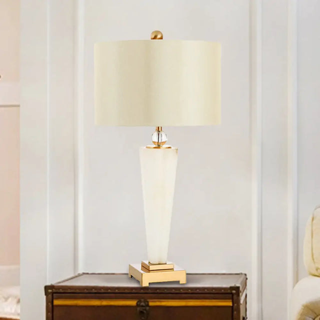 Modern Fabric Cylinder Task Lamp - 1 Bulb White Desk Light With Gold Metal Pedestal