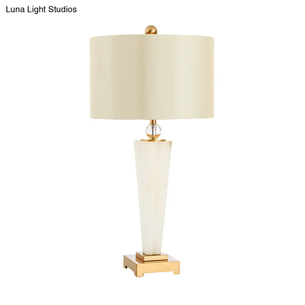 Modern Fabric Cylinder Task Lamp - 1 Bulb White Desk Light With Gold Metal Pedestal
