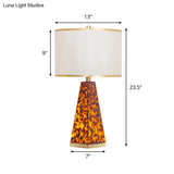 Modern Fabric Drum Nightstand Lamp With Leopard Print Acrylic Base - White Table Light 1 Bulb