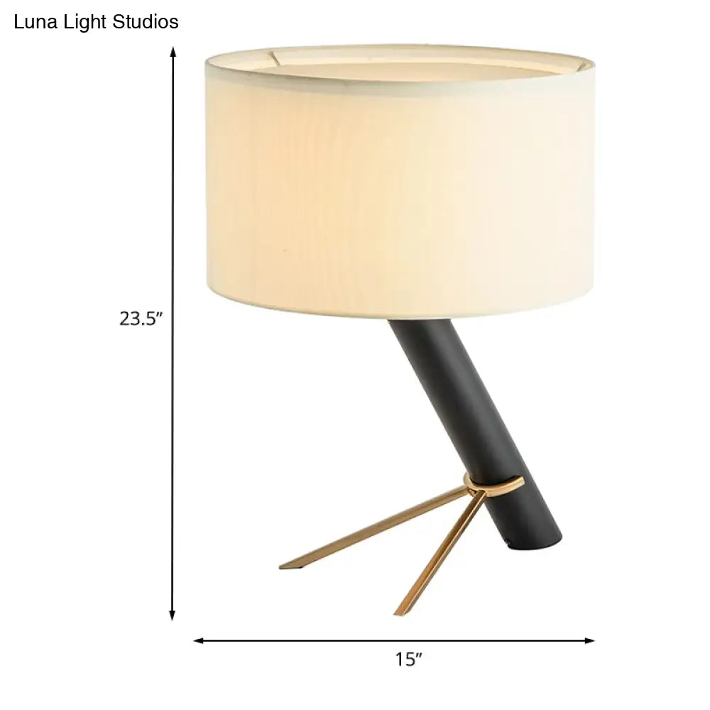 Modern Fabric Drum Shade Desk Light - White 1-Head Creative Table Lamp With Pull Chain For Study