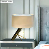 Modern Fabric Drum Shade Desk Light - White 1-Head Creative Table Lamp With Pull Chain For Study