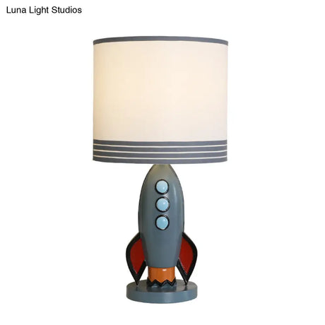 Modern Fabric Drum Shade Table Lamp With Resin Rocket Base - 1 Light White Lighting
