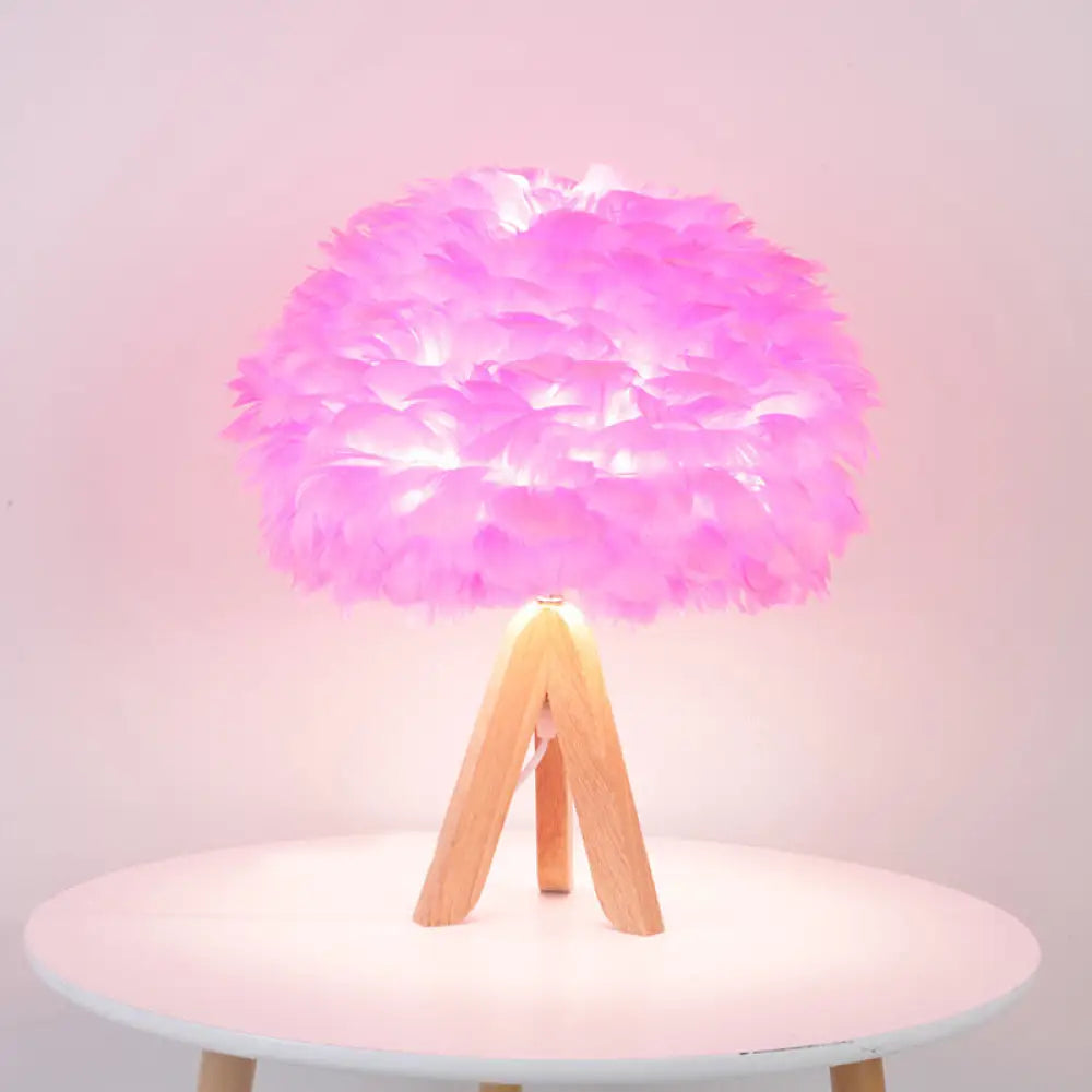 Modern Fabric Feather Desk Lamp: Pink Table Light With Wood Tripod Base