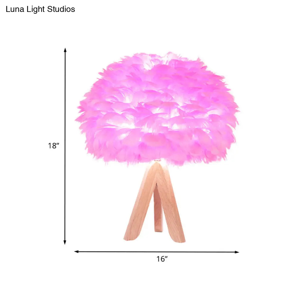 Modern Fabric Feather Desk Lamp: Pink Table Light With Wood Tripod Base