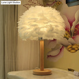 Modern Feather Flower Night Lamp: 1-Light Grey/Blue/Burgundy Wood Table Light For Bedroom