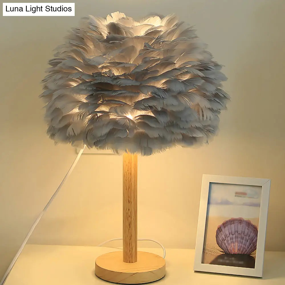 Modern Feather Flower Night Lamp: 1-Light Grey/Blue/Burgundy Wood Table Light For Bedroom