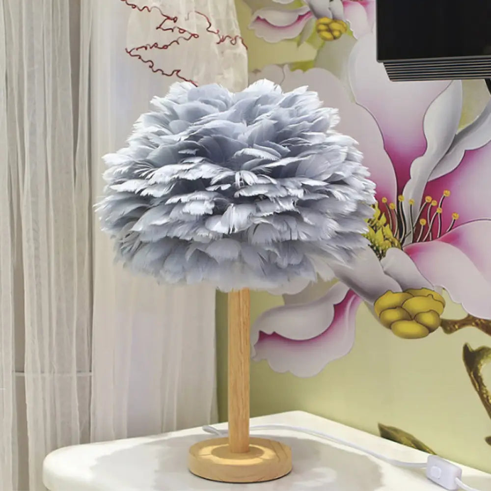 Modern Feather Flower Night Lamp: 1-Light Grey/Blue/Burgundy Wood Table Light For Bedroom Grey