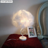 Modern Feather Table Lamp: White Fabric Bedside Nightstand Light With Crystal Droplet
