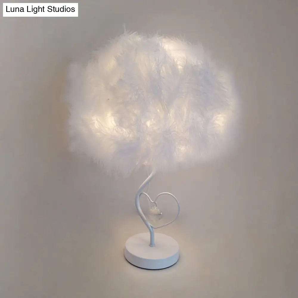 Modern Feather Table Lamp: White Fabric Bedside Nightstand Light With Crystal Droplet