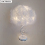 Modern Feather Table Lamp: White Fabric Bedside Nightstand Light With Crystal Droplet