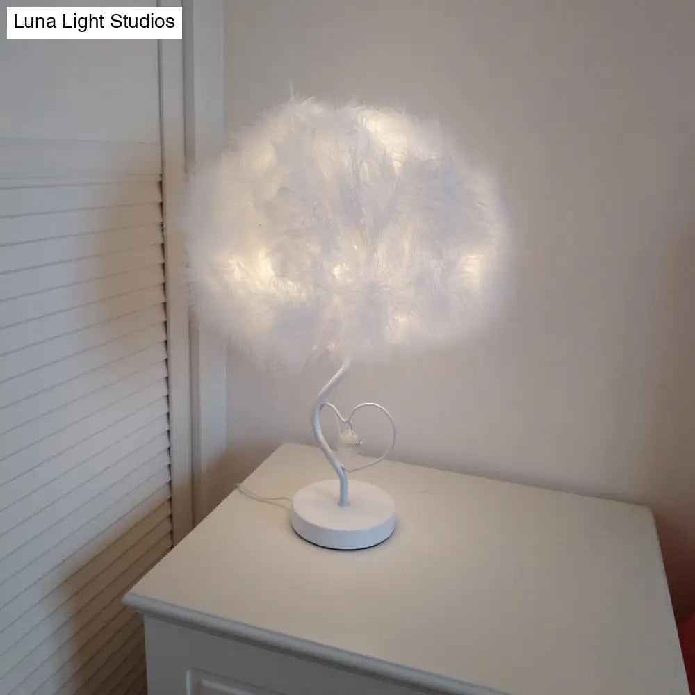 Modern Feather Table Lamp: White Fabric Bedside Nightstand Light With Crystal Droplet