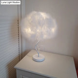 Modern Feather Table Lamp: White Fabric Bedside Nightstand Light With Crystal Droplet