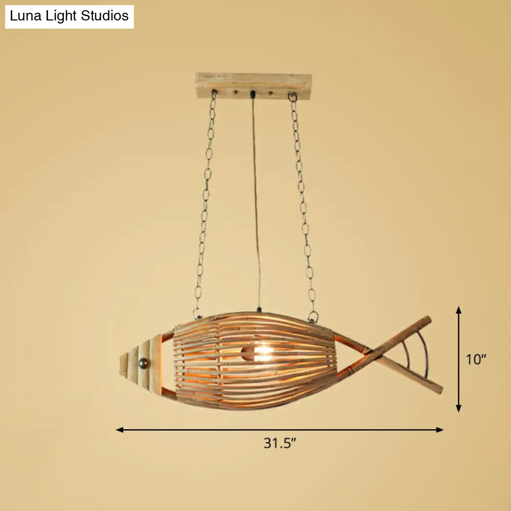 Modern Fish Chandelier Pendant Light: Bamboo Tea Room Hanging Lamp In Wood