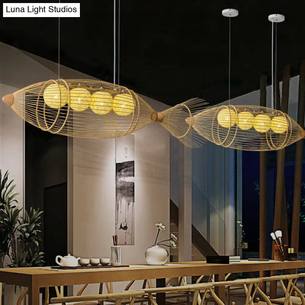 Modern Fish Chandelier Pendant Light: Bamboo Tea Room Hanging Lamp In Wood