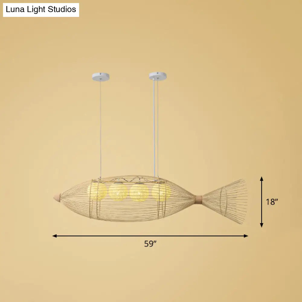 Modern Fish Chandelier Pendant Light: Bamboo Tea Room Hanging Lamp In Wood