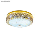 Modern Fishscale/Net Design Gold Drum Led Flushmount With Crystal Accents For Bedroom Ceiling