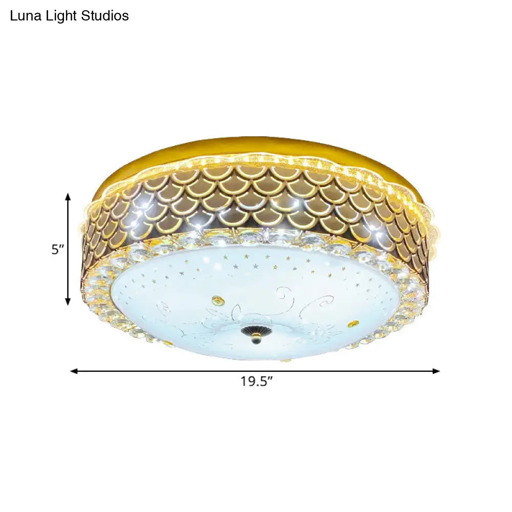 Modern Fishscale/Net Design Gold Drum Led Flushmount With Crystal Accents For Bedroom Ceiling