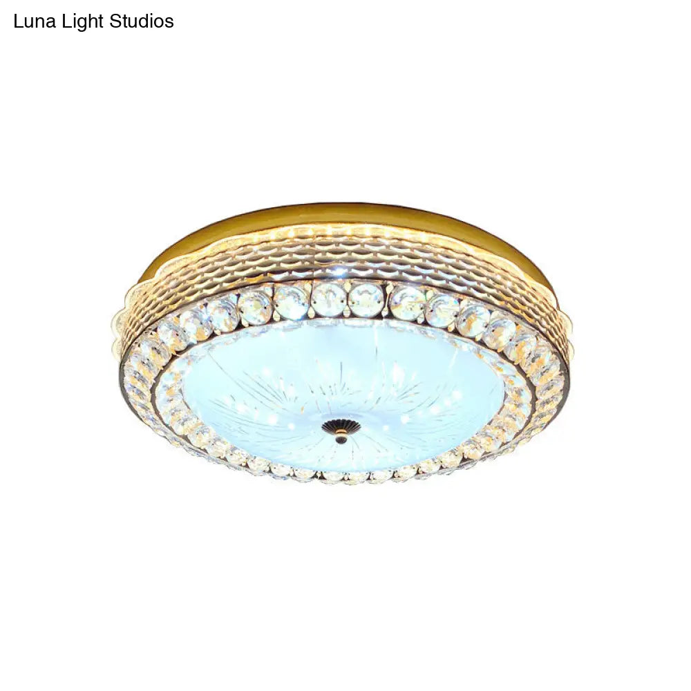 Modern Fishscale/Net Design Gold Drum Led Flushmount With Crystal Accents For Bedroom Ceiling