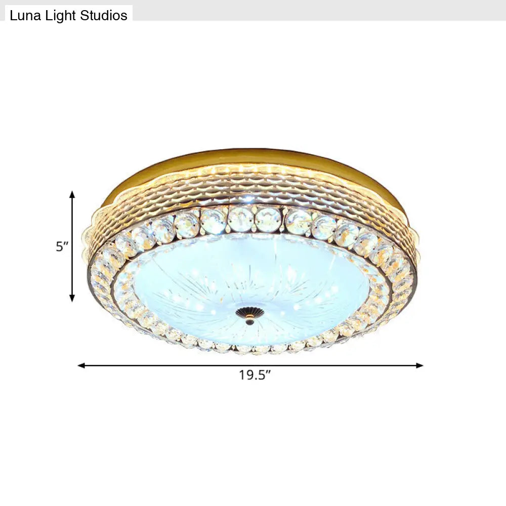 Modern Fishscale/Net Design Gold Drum Led Flushmount With Crystal Accents For Bedroom Ceiling