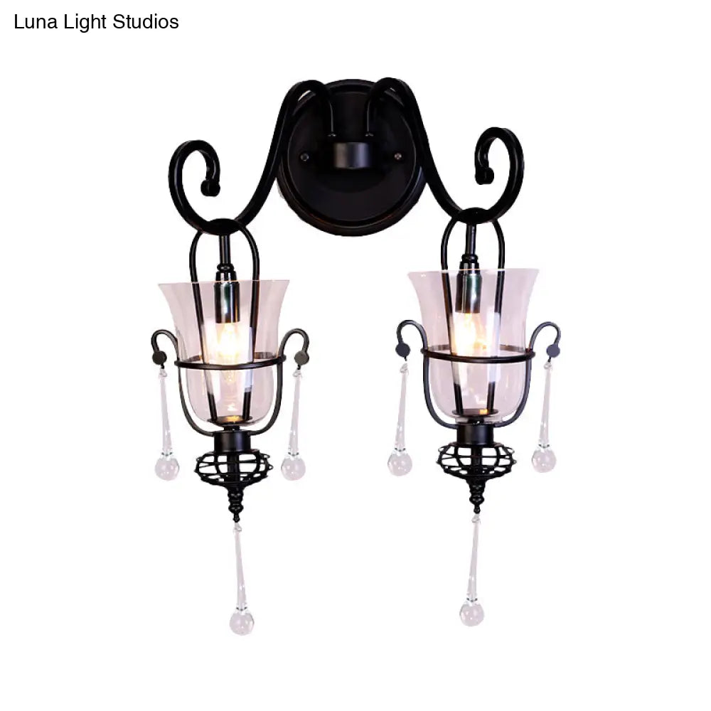 Modern Flared Black Wall Lamp With Clear Glass Shade