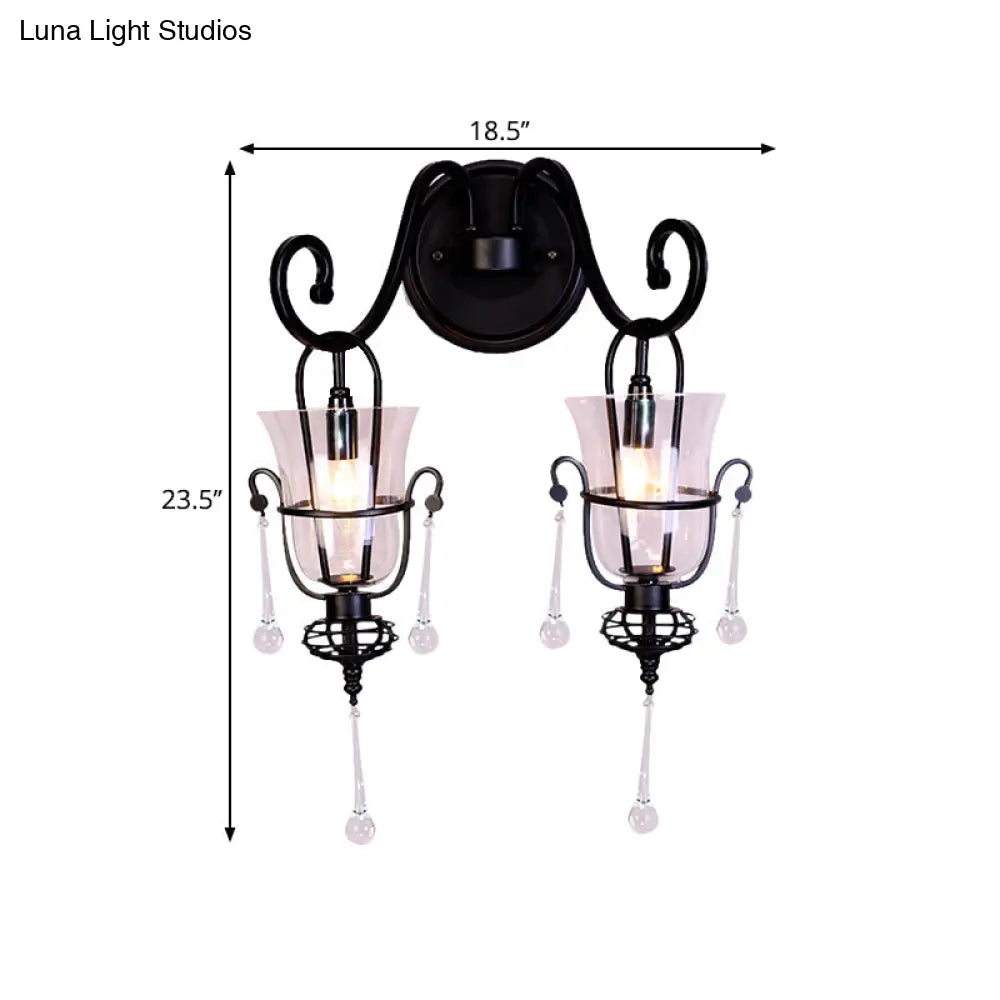 Modern Flared Black Wall Lamp With Clear Glass Shade