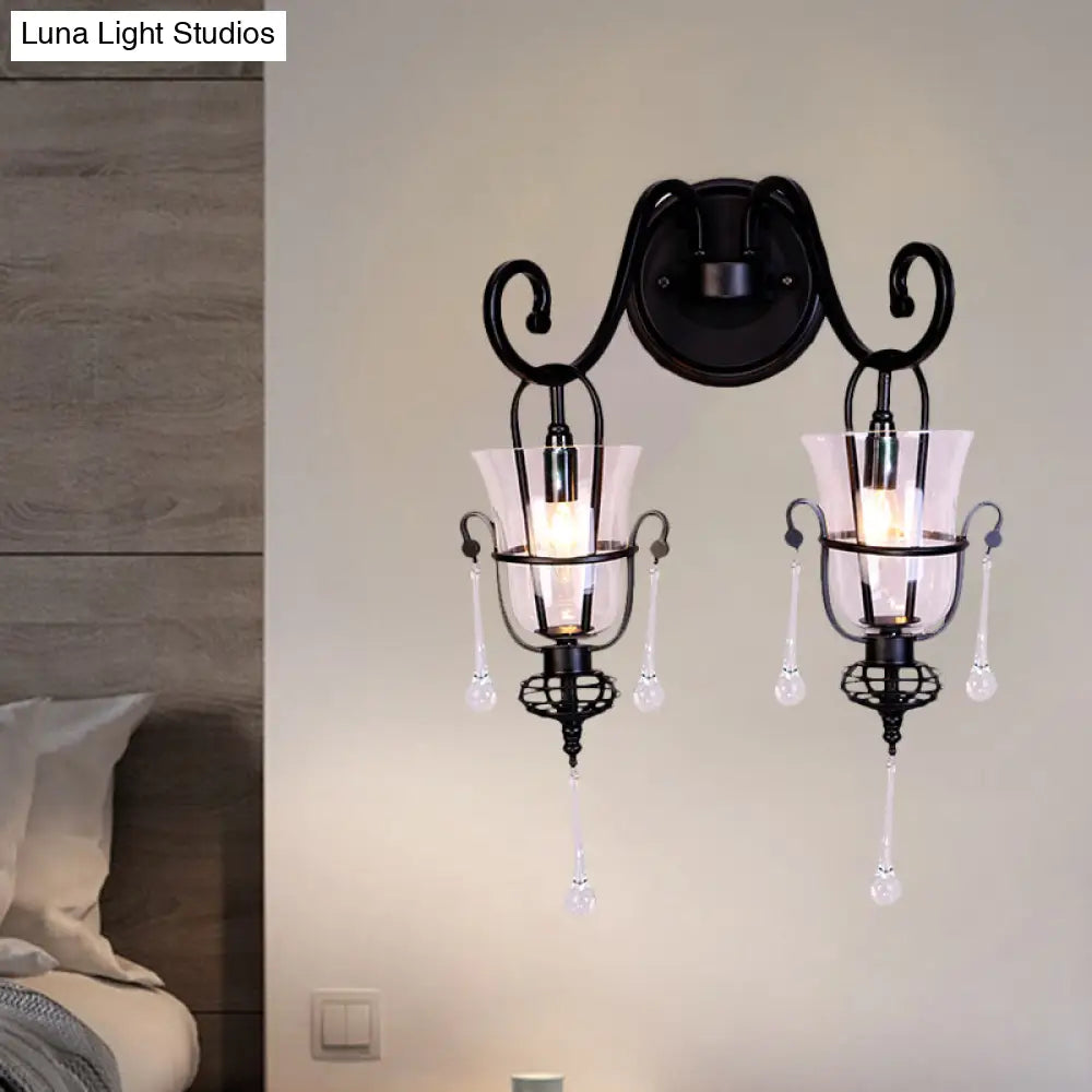 Modern Flared Black Wall Lamp With Clear Glass Shade