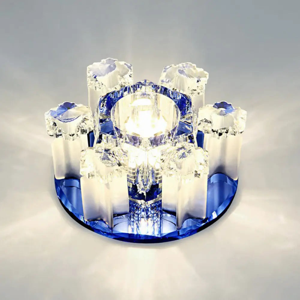 Modern Floral Ceiling Flush Light With Crystal Block - Led Hallway Flush - Mount Fixture Blue