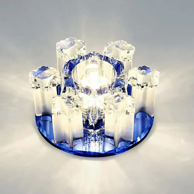 Modern Floral Ceiling Flush Light With Crystal Block - Led Hallway Flush - Mount Fixture Blue