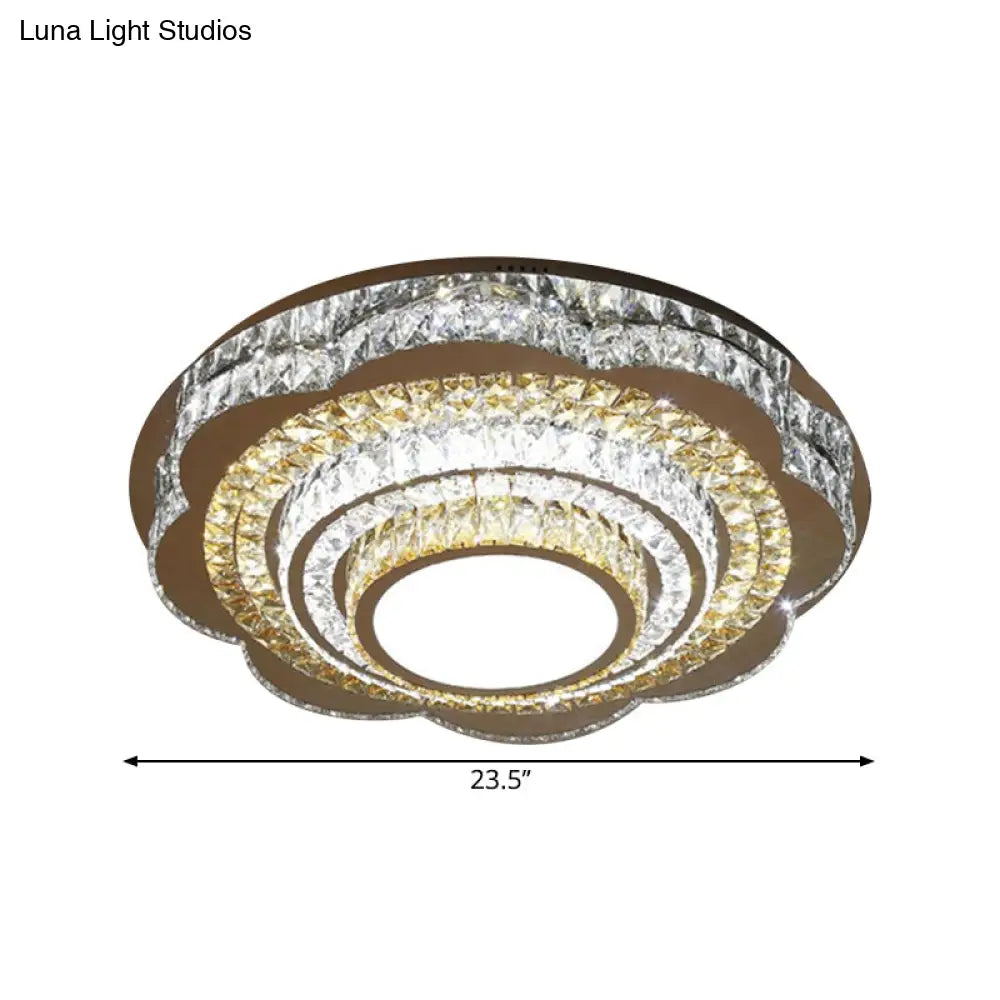 Modern Floral Crystal Block Led Ceiling Flushmount In Chrome - Warm/White Light