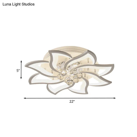 Modern Floral-Design Led Bedroom Lamp With Crystal Orb Decor - Semi Flush Mount