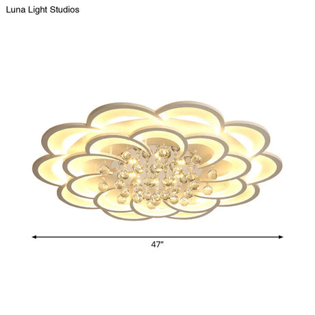 Modern Floral Girls Bedroom Led Flush Ceiling Light With Crystal Ball Drop In White -