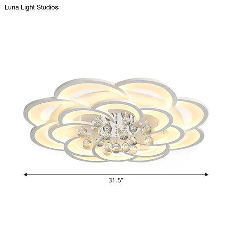 Modern Floral Girls Bedroom Led Flush Ceiling Light With Crystal Ball Drop In White -