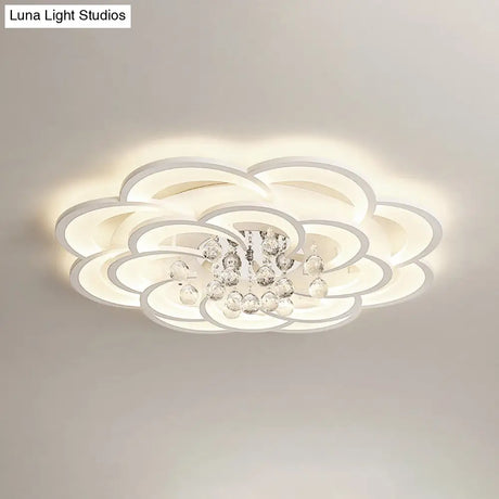Modern Floral Girls Bedroom Led Flush Ceiling Light With Crystal Ball Drop In White -