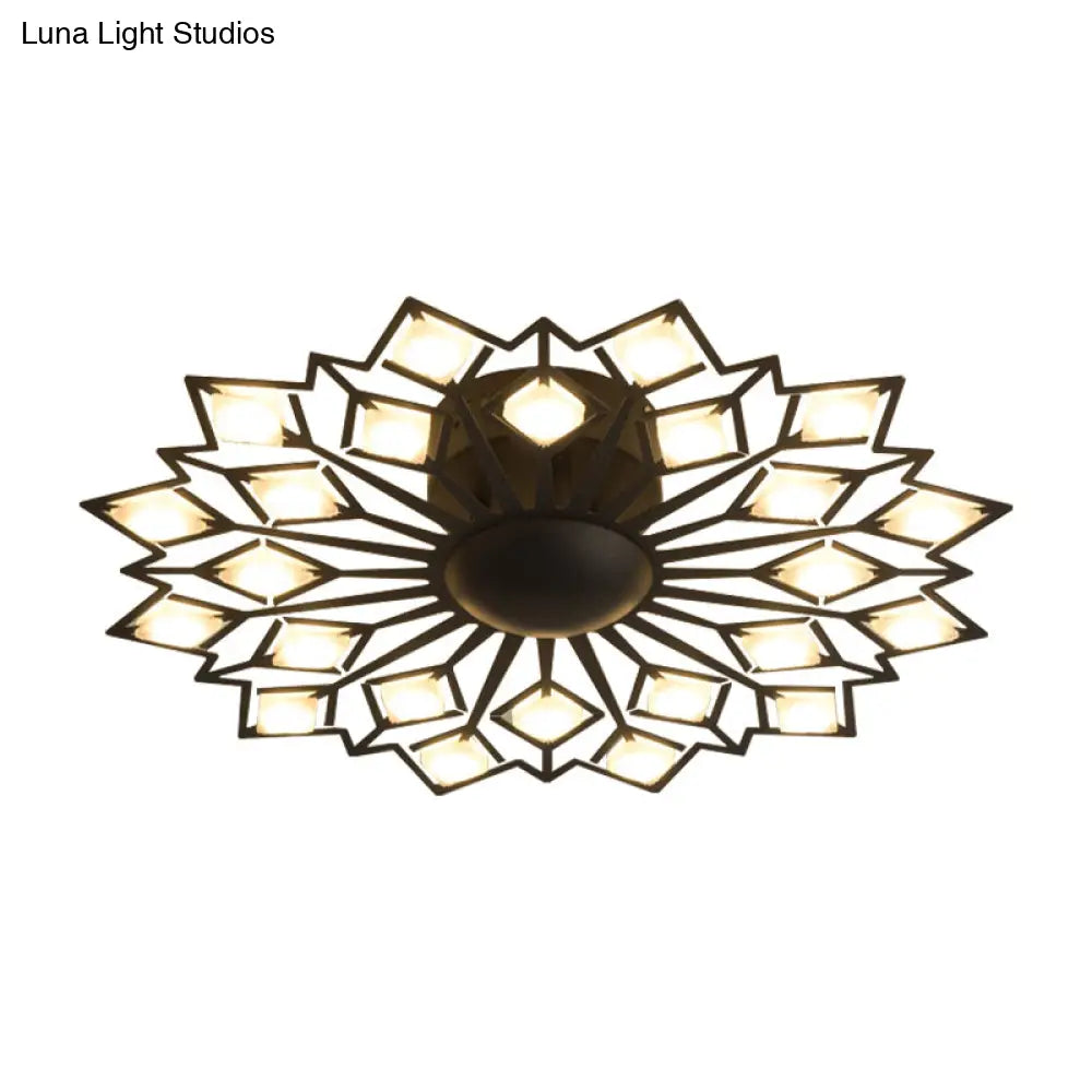 Modern Floral Led Flush Mount Ceiling Lamp In Black And White Metal For Bedroom