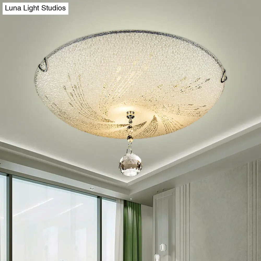 Modern Flush Mount Light With Frosted Glass And Crystal Drop - 3 Lights White Ceiling Fixture