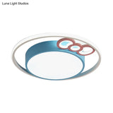 Modern Flush Mount Pendant Light With Blue/Pink Led Glow For Bedroom - Acrylic Drum Design