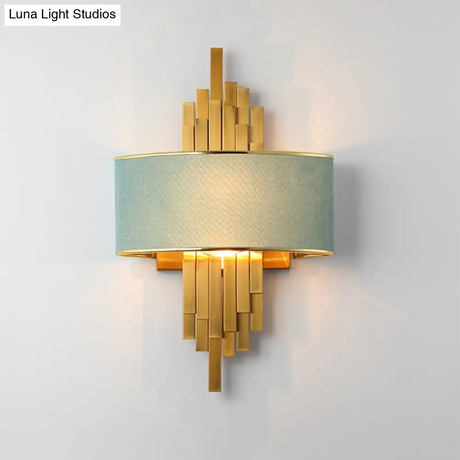 Modern Flute Wall Sconce With Curved Fabric Shade - 2 Bulb Metal Light