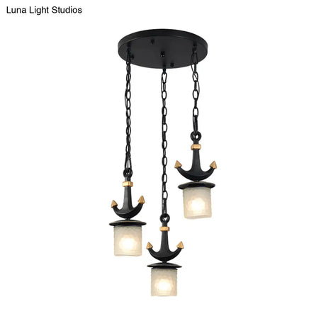 Modern Frosted Dimpled Glass Pendant Light With Linear/Round Canopy - Black | 3 Heads Parlor Hanging