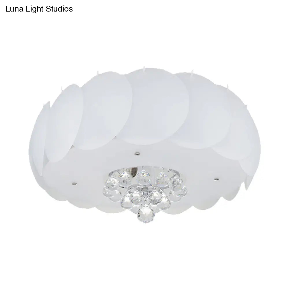 Modern Frosted Glass Flushmount Ceiling Lamp With Crystal Ball - Drum Design White Finish Available